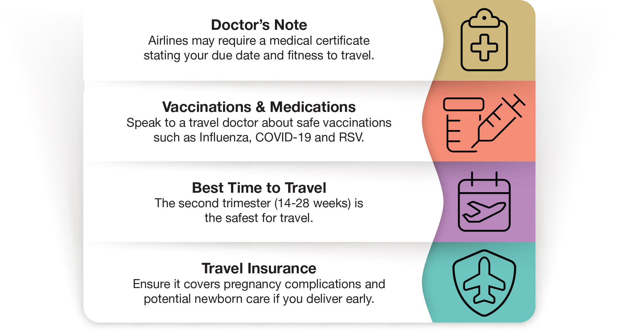 Checklist for travleing while pregnant. Item 1:Doctor’s Note. Airlines may require a medical certificate stating your due date and fitness to travel. Item 2: Vaccinations & Medications. Speak to a travel doctor about safe vaccinations such as Influenza, COVID-19 and RSV. Item 3: Best Time to Travel. The second trimester (14-28 weeks) is the safest for travel. Item 4: Travel Insurance. Ensure it covers pregnancy complications and potential newborn care if you deliver early.